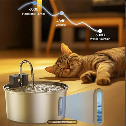 3.2L/108Oz Wireless Charging Sensor Cat Water Feeder Stainless Steel Cat Dog Water Fountain Silent Water Level Window No Plug