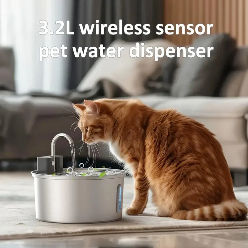 3.2L/108Oz Wireless Charging Sensor Cat Water Feeder Stainless Steel Cat Dog Water Fountain Silent Water Level Window No Plug